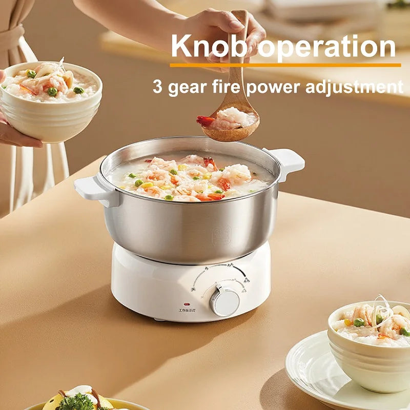 Stainless hot pot on white base with knob operation and glass lid