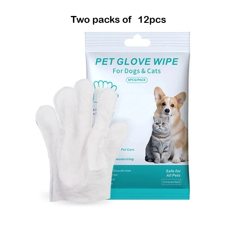 Disposable white wash-free pet cleaning gloves for easy deodorizing of dogs and cats. 12-pack waterless grooming wipes.