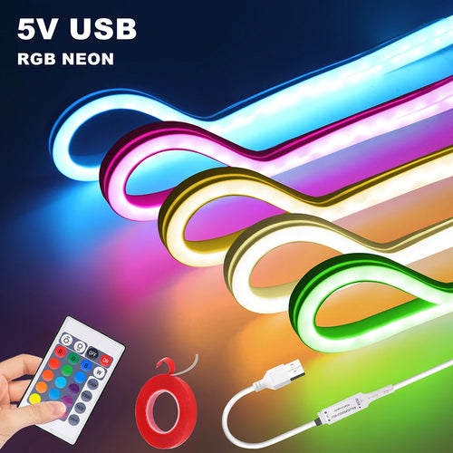 RGB USB LED neon strip light with 24-key remote and adhesive tape, flexible glow shapes