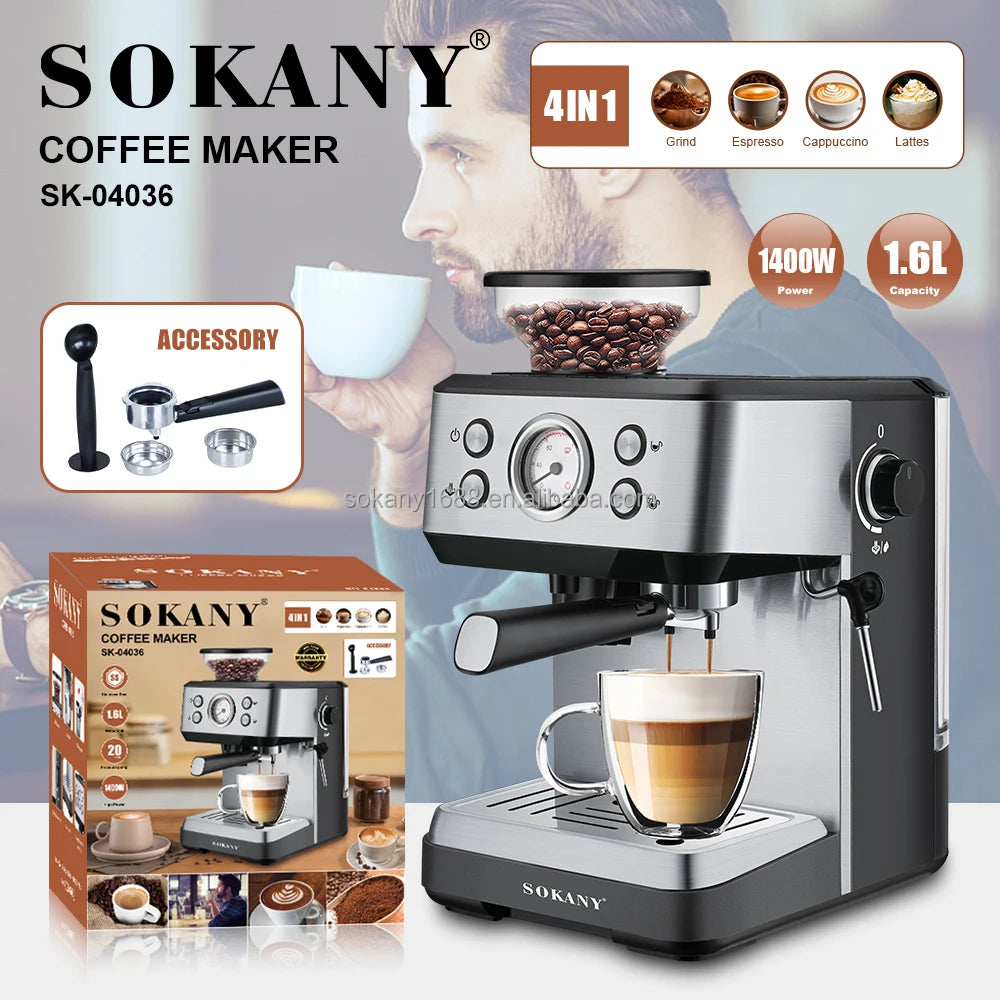 Sokany 4-in-1 espresso coffee maker, 1400W, 1.6L capacity, stainless steel finish with built-in grinder and steam wand.
