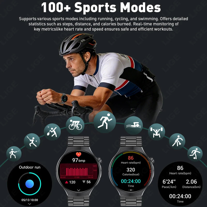 LIGE New 1000mAh Battery Smart Watch Health Monitor Bluetooth Call LED Flashlight Sports Tracker Smart Bracelet For Android ios