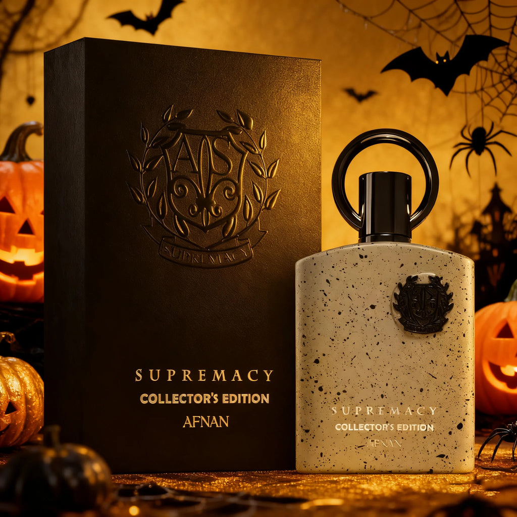 Afnan Supremacy Collector's Edition men’s fragrance: Speckled bottle with ring cap in a luxury Halloween-themed display.