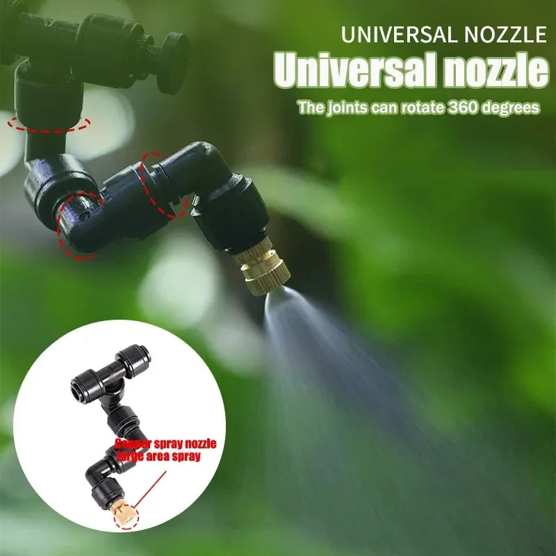 Universal mist nozzle for spray irrigation timer system with 360-degree rotating joints