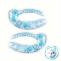 Two C-shaped blue glitter gel eye patches and one small bear-shaped compress on a white background.