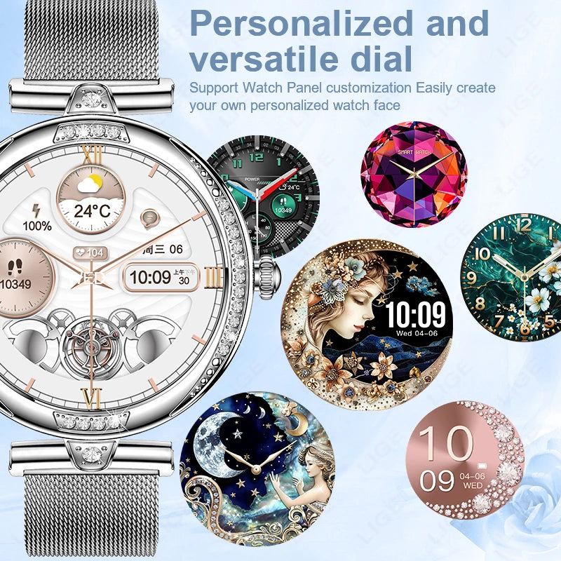 LIGE New Women Watch 1.19" 390*390 AMOLED Display Heart Rate Blood Oxygen Monitoring Bluetooth Call Fashion Diamond Smartwatch