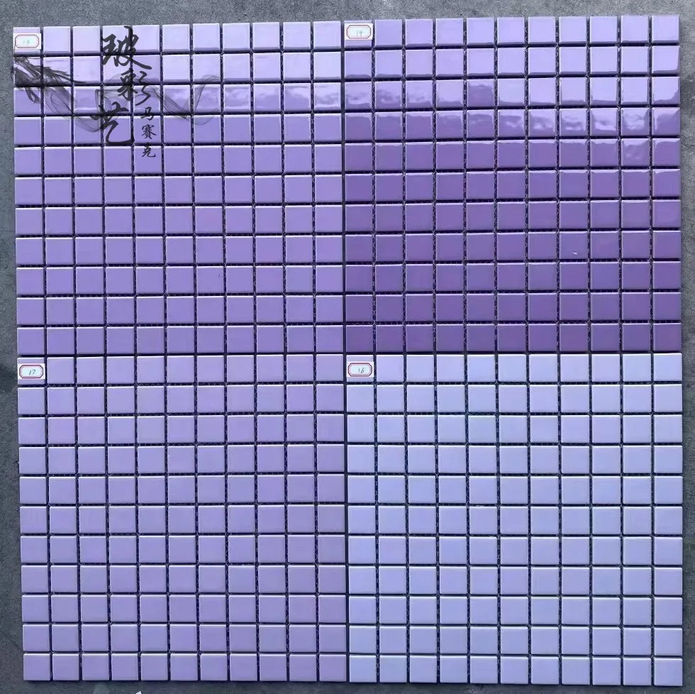 Ceramic mosaic tile sheet with lavender upper tiles and white lower tiles