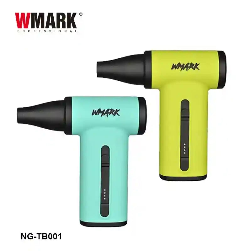 WMARK NG-TB001 cordless handheld dust blower and dryer in neon green and teal with sleek, compact attachments.