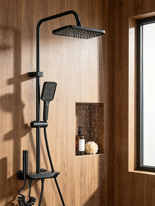 Matte black shower system with rain shower head, handheld bidet sprayer, and mixer controls
