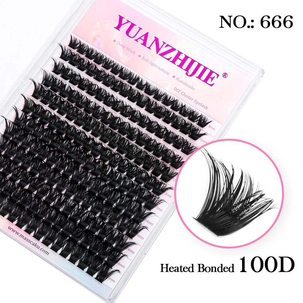 A clear tray of 144 black, segmented DIY mink lash clusters with varied lengths and a magnified view of one lash cluster.