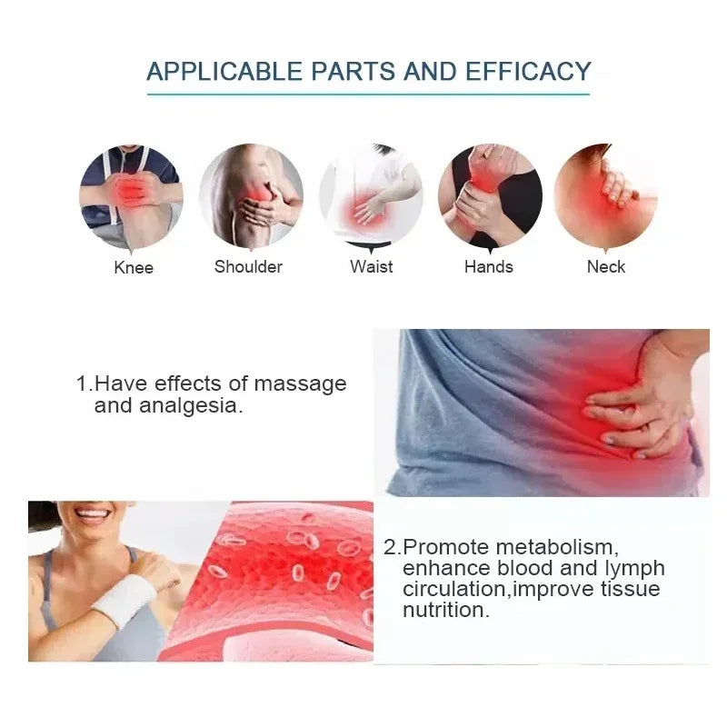 Ultrasound physiotherapy device diagram showing pain relief applications for knee, shoulder, waist, hands, and neck.