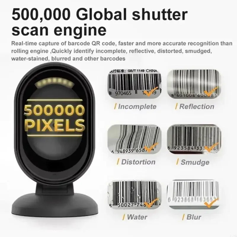 Black desktop barcode scanner with example barcode scan visuals and stand base