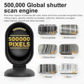 Black desktop barcode scanner with glowing circular sensor ring and stand base