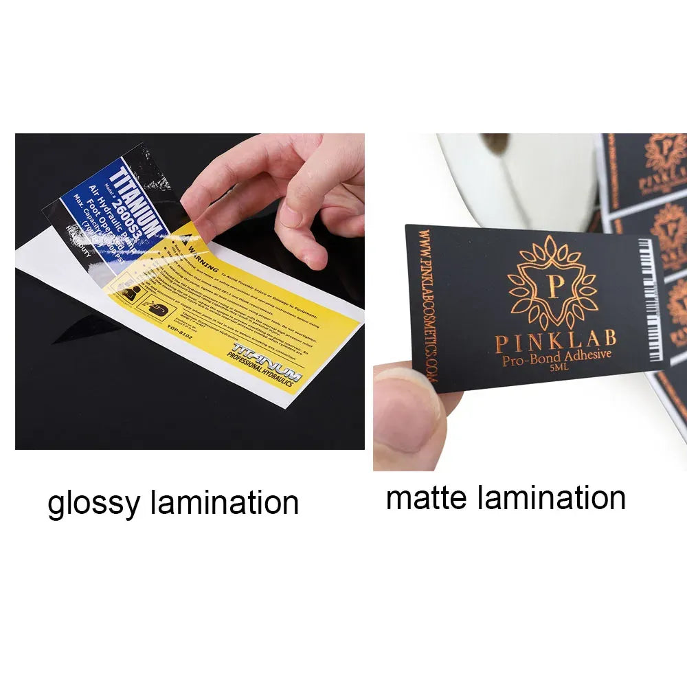 Glossy and matte lamination adhesive label samples, shown side by side with stickers.