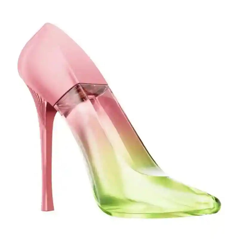 Luxury 50ml women’s musk perfume in a pink and green gradient high heel glass bottle. Elegant, long-lasting fragrance.