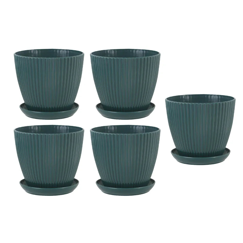 Set of five dark green striped resin planters with matching saucers, drainage holes included