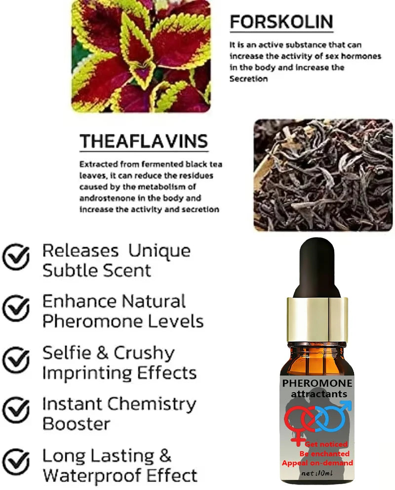 Pheromone attractant 10ml amber glass dropper bottle with botanical ingredients, labeled to enhance natural scent.