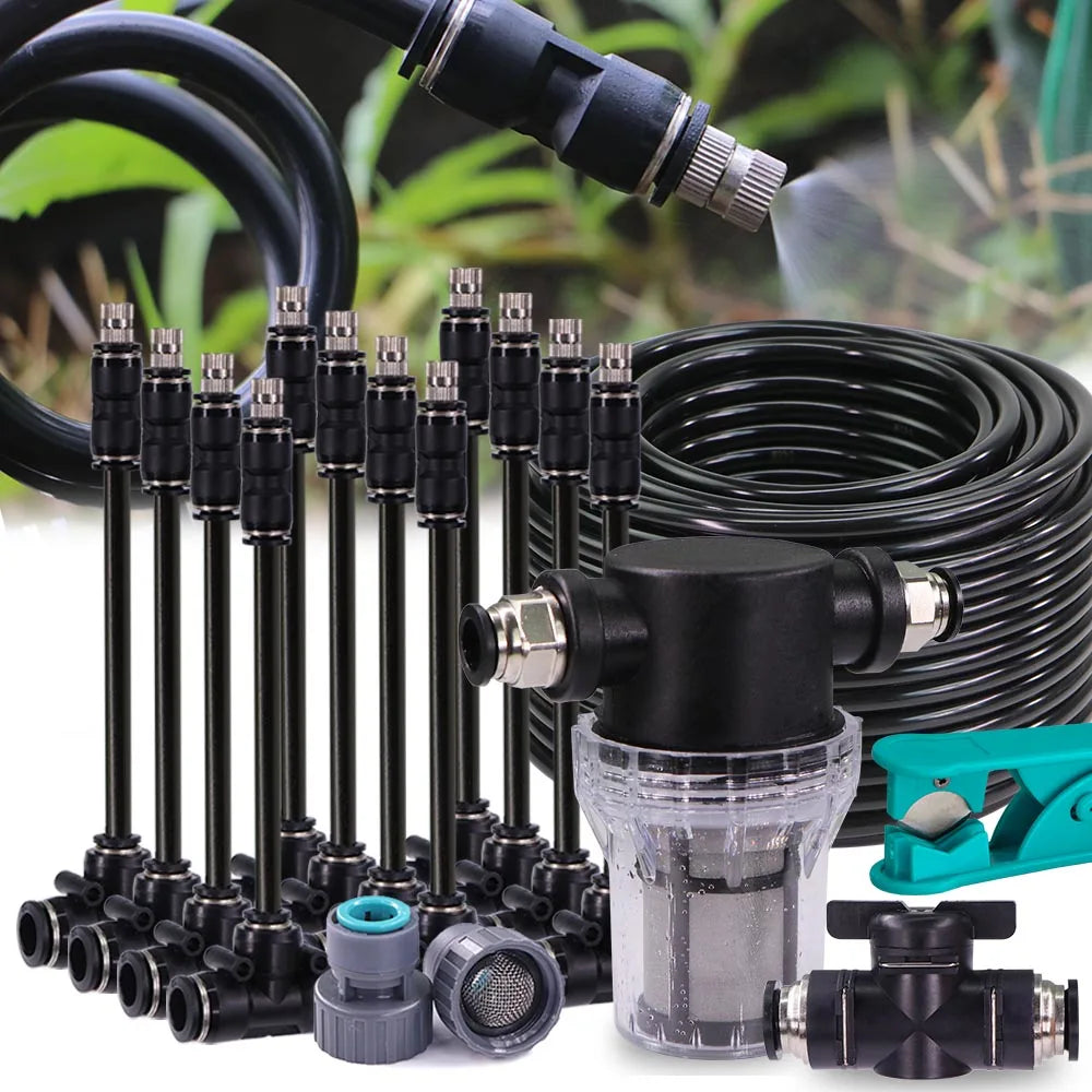 Black misting irrigation kit with multiple atomizer nozzles, PE tubing, and filter housing