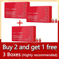 Three red boxes and vials of Umbilical Cord Blood Soothes Wrinkles Fill Lotion for facial anti-wrinkle treatment.