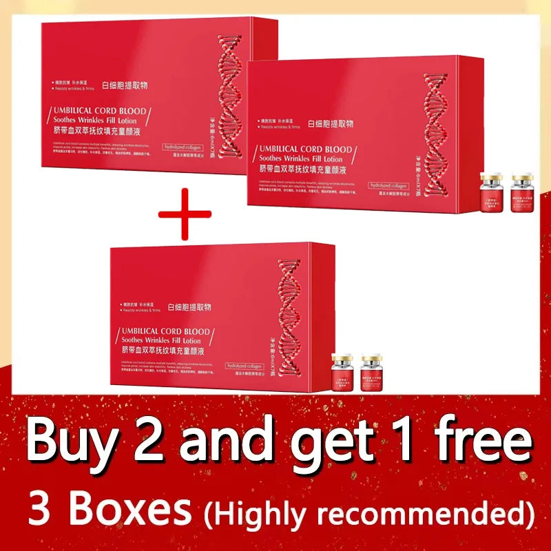 Three red boxes and vials of Umbilical Cord Blood Soothes Wrinkles Fill Lotion for facial anti-wrinkle treatment.