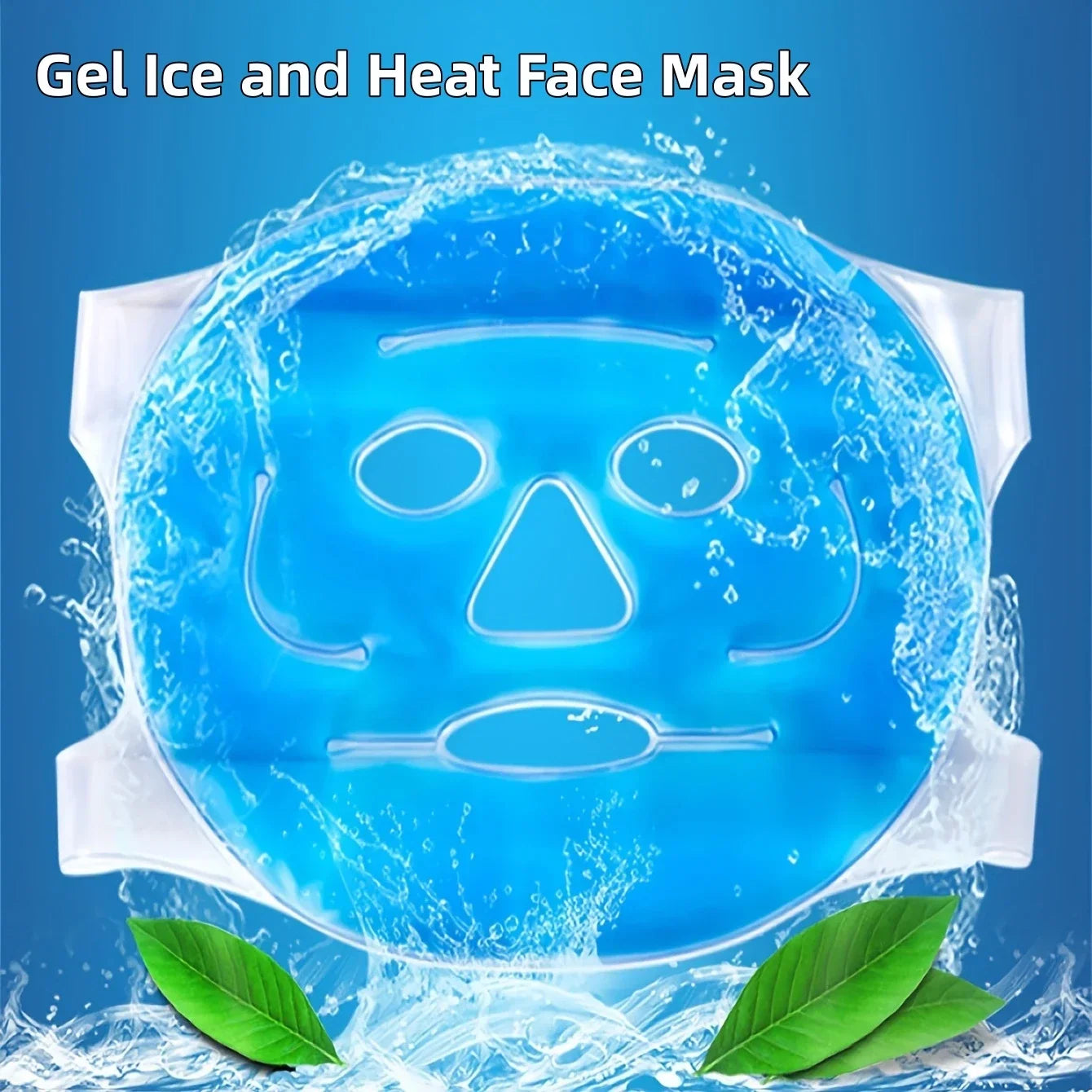 Blue gel face mask for hot and cold therapy with cutouts for eyes, nose, and mouth, surrounded by water splashes.