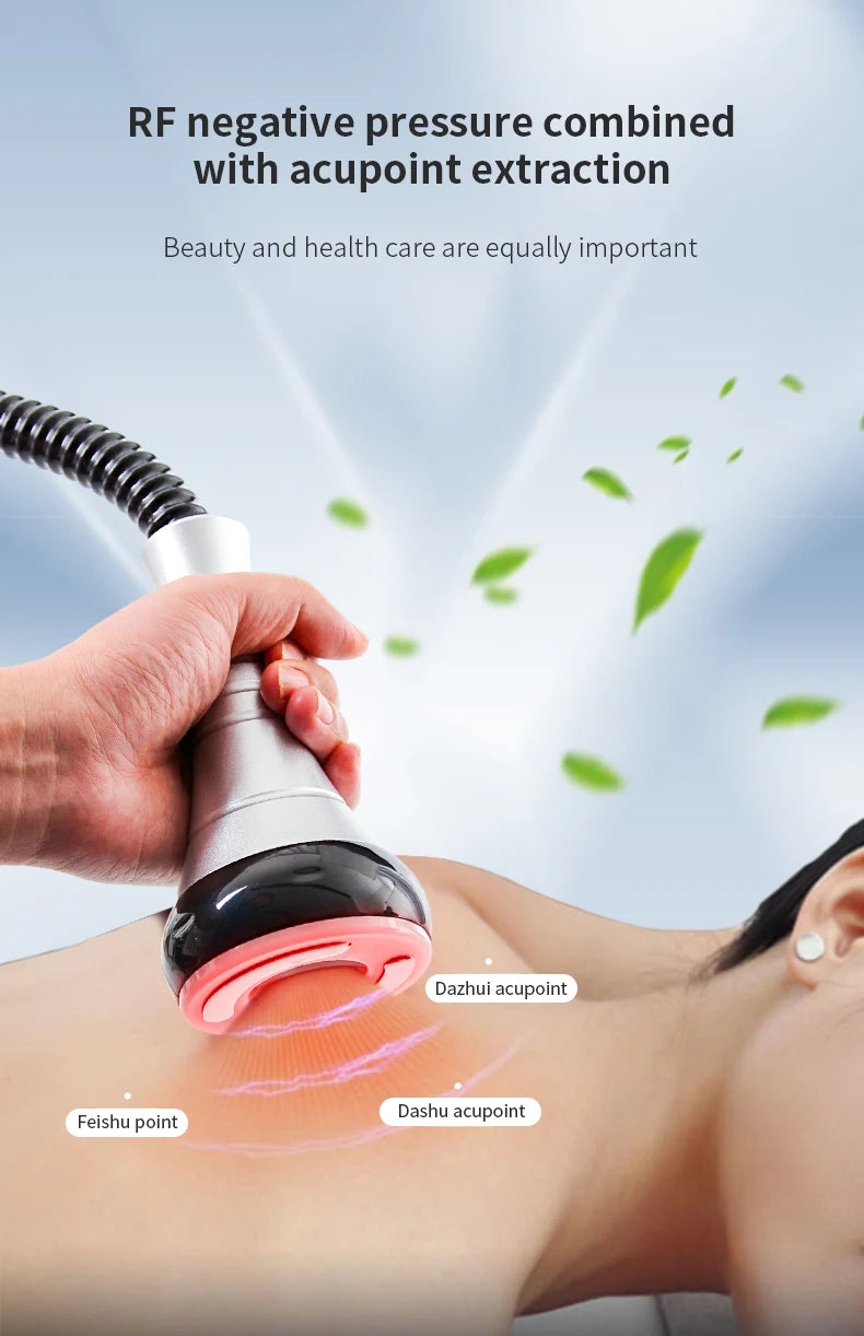 A hand holds a silver and pink ultrasonic slimming device against a person's upper back, showing RF light therapy.