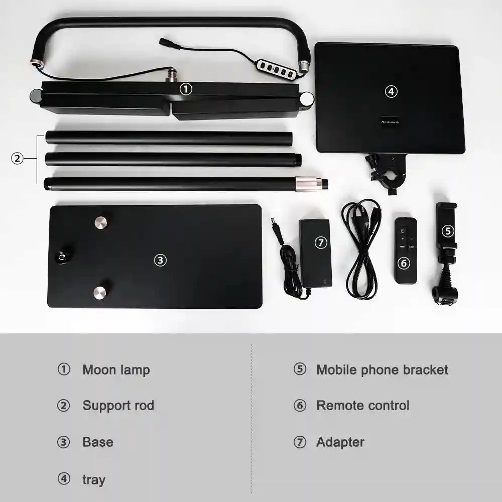 Components for a black adjustable LED lamp, including support rods, base, accessory tray, phone mount, and remote.