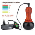 Electric temperature-controlled wax seal stamp with wood handle, black base, 220V EU plug, and heat settings display.