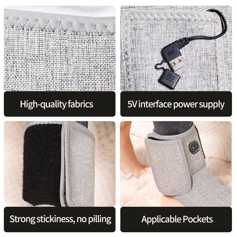 Grey red light ankle heating sleeve with vibration massage, USB powered, adjustable straps for foot pain relief.