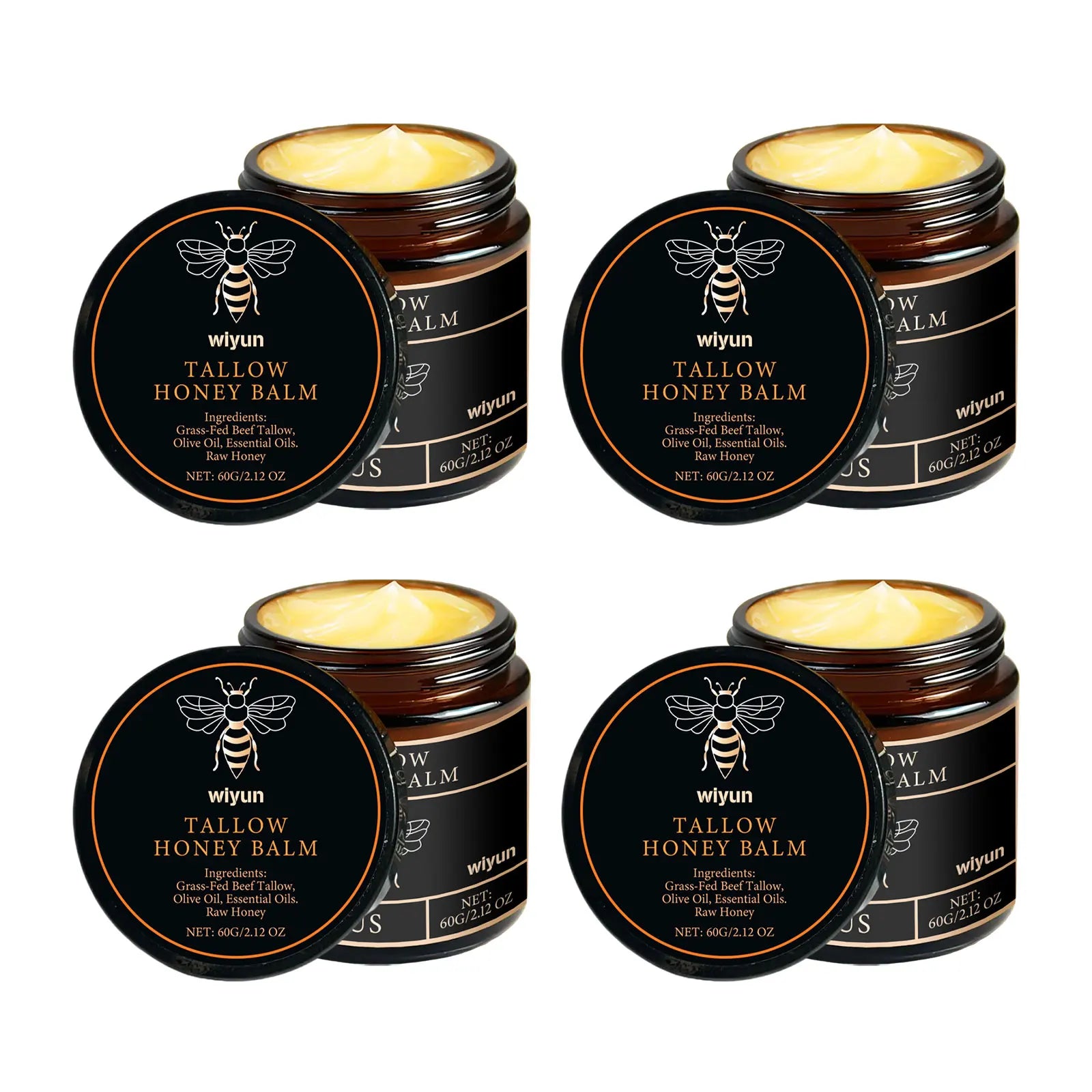 Tallow honey balm jars and round lids arranged in two rows, showing golden balm tops.