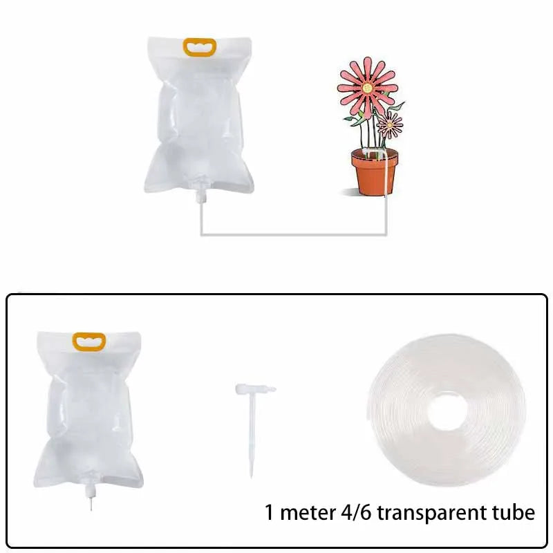 Automatic drip irrigation watering bag diagram with clear tube and one adjustable drip outlet