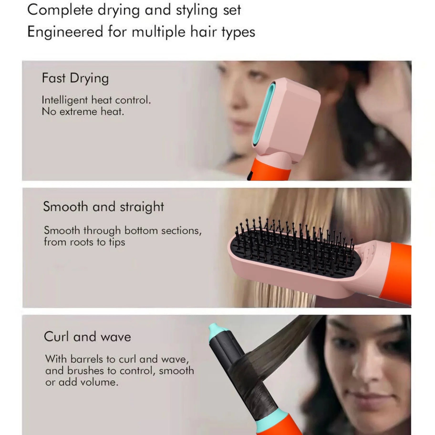 Pink 5-in-1 hair dryer and styler set with curling barrels and hot air brush attachments for fast, versatile styling.
