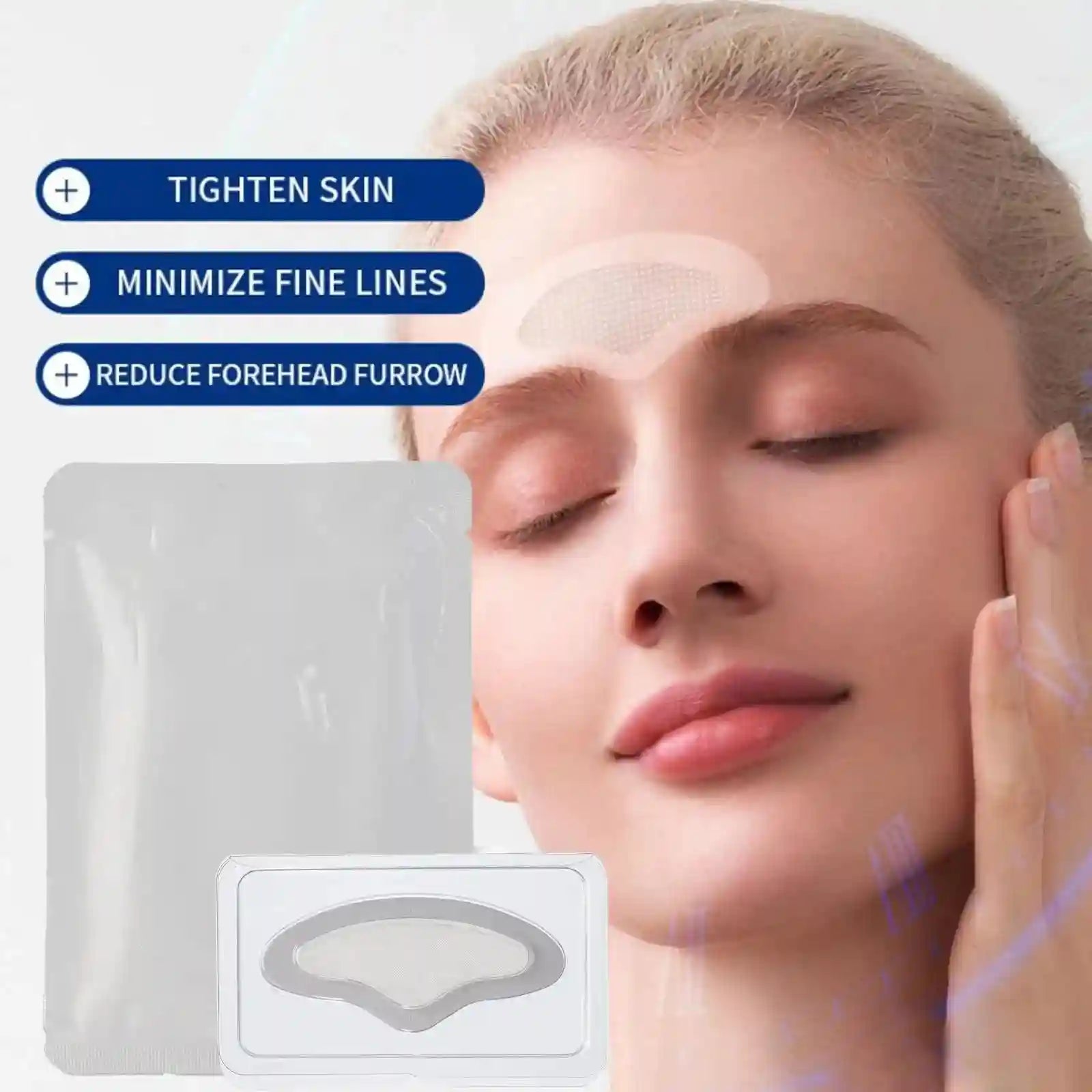 Woman wearing a curved, transparent microneedle forehead patch, with product packaging shown in the foreground.