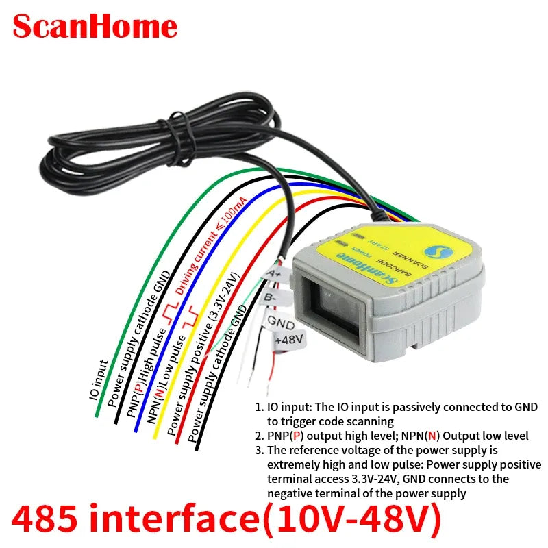 Fixed-mount barcode scanner module with multi-wire connections and terminal labels