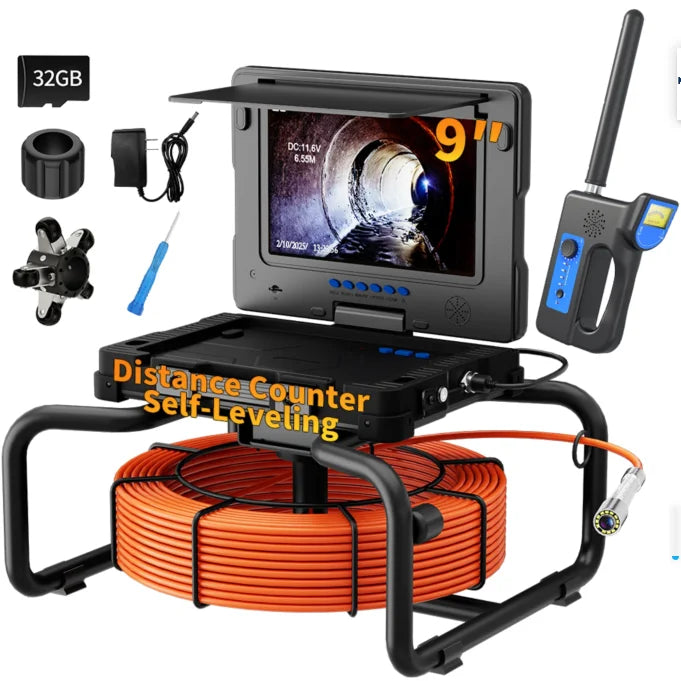 512Hz Self-Leveling Sewer Camera with Meter Counter,9"1080P DVR Drain Inspection Camera,7MM Diameter Cable 32GB TF Card 12 Leds