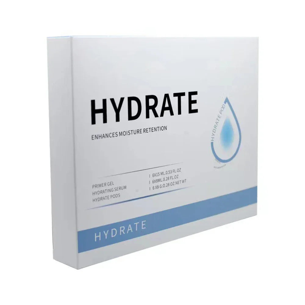 Hydrate oxygen facial spa capsule set with serum, primer gel, and pods for skin rejuvenation and moisturizing.