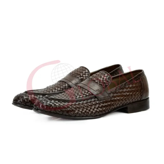 Men Woven Leather Penny Loafers Slip On Dress Shoes Luxury Handmade Formal Business Breathable Designer Fashion Footwear