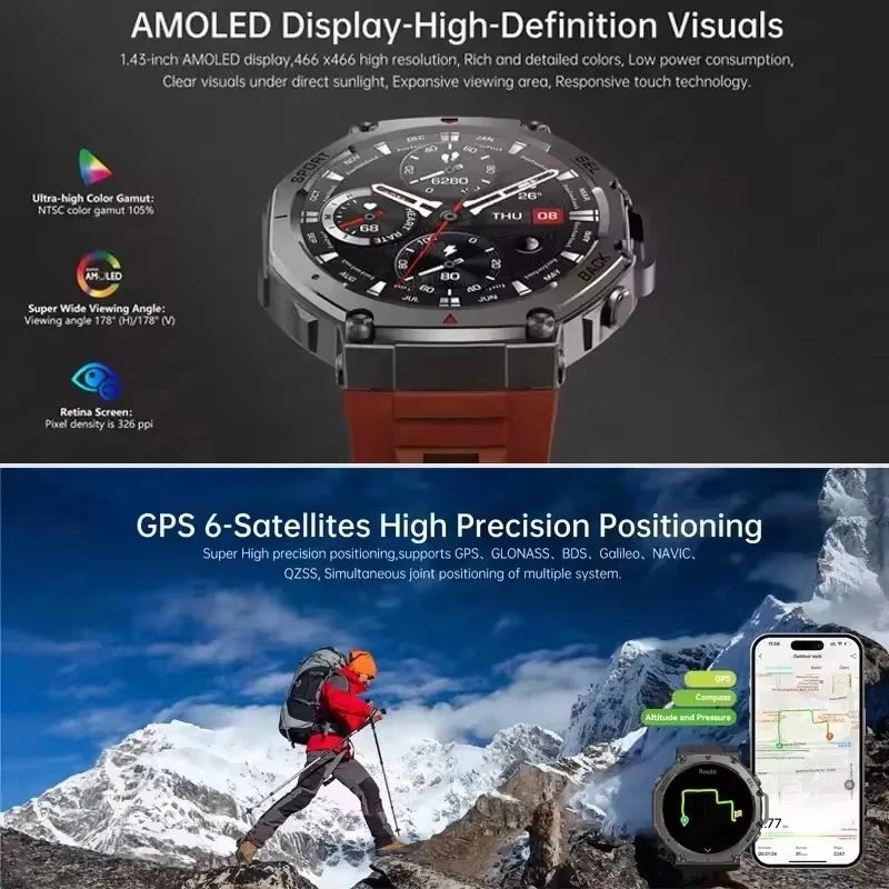 HD Watches Built-in Dual-band GPS Smart Watch Men Smartwatch Compass Altimeter Barometric 5ATM IP69K Waterproof AMOLED