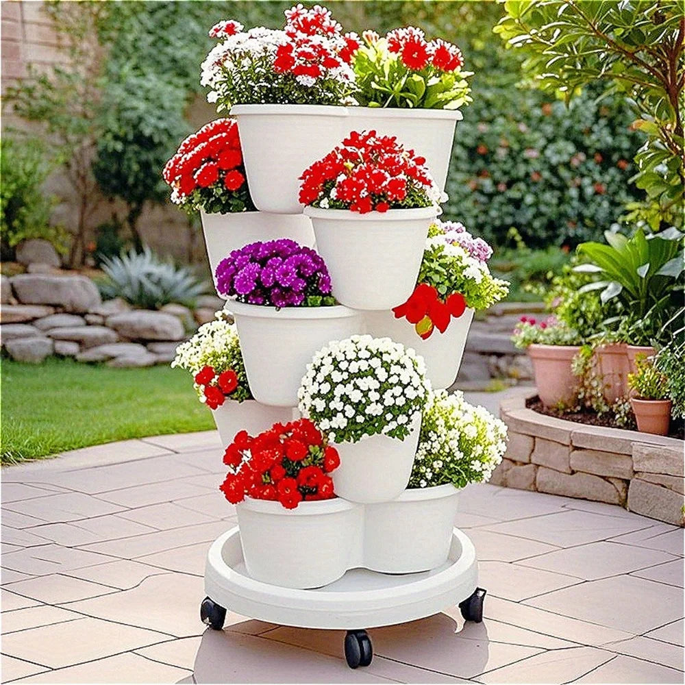 3-4-Tier Stackable 3-Petal Modular Vertical Garden Planter with Wheels Movable for Strawberries, Herbs, & Vegetables,