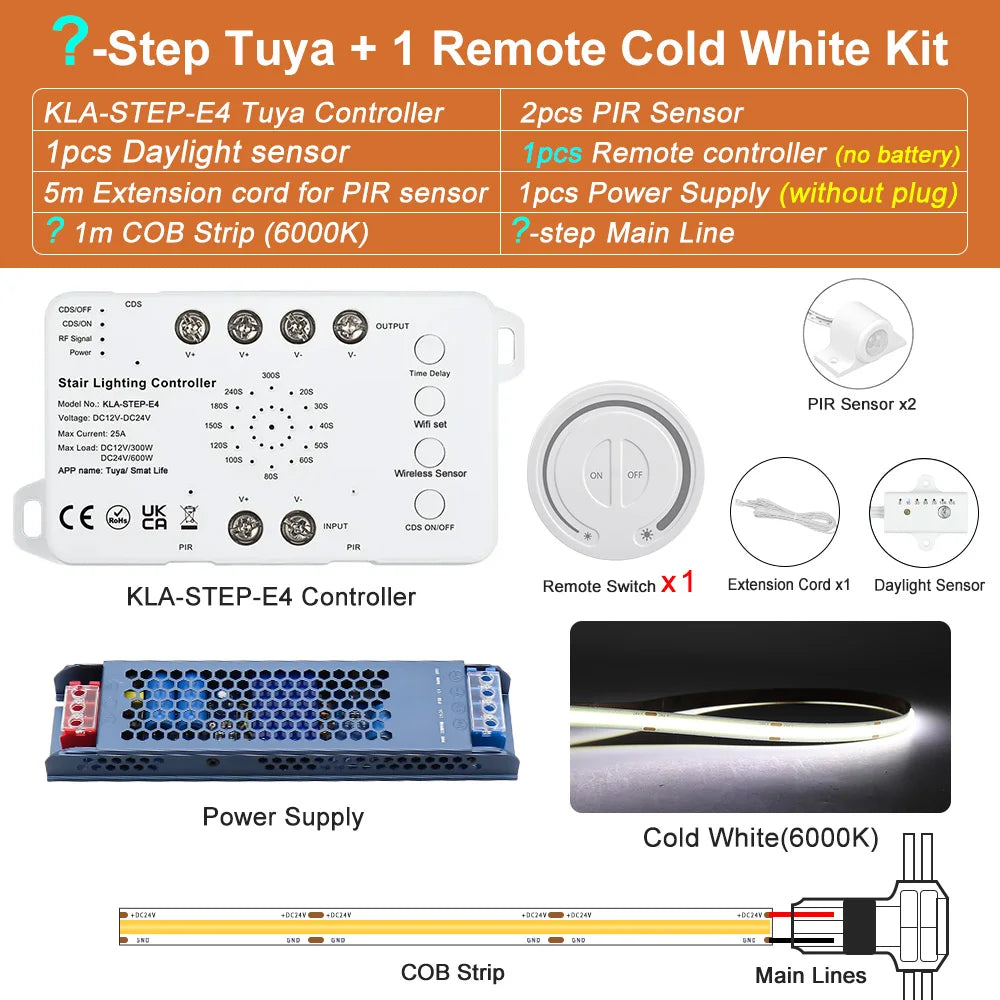 Tuya staircase LED strip kit with controller, 2 PIR sensors, 1 remote, cold white lighting