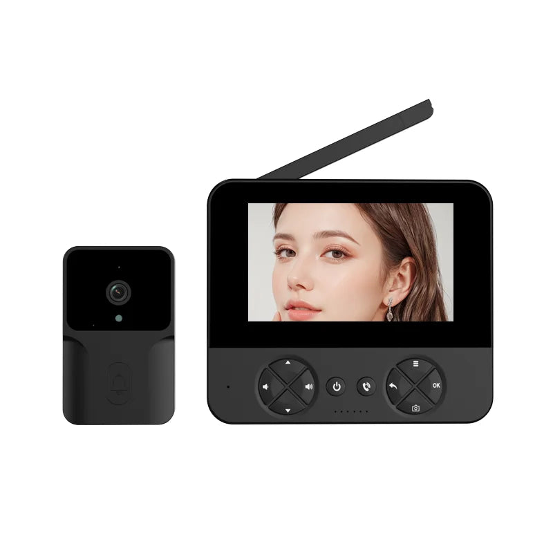 Wireless video doorbell set with black outdoor camera and indoor monitor with antenna