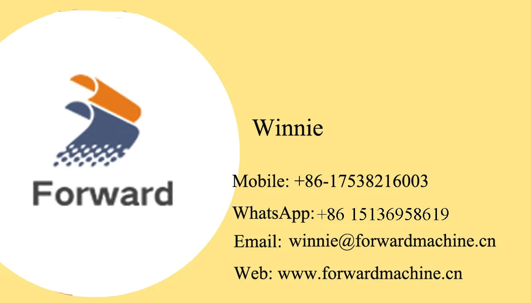 Forward brand business card with contact information for Winnie, featuring an orange and grey abstract logo.