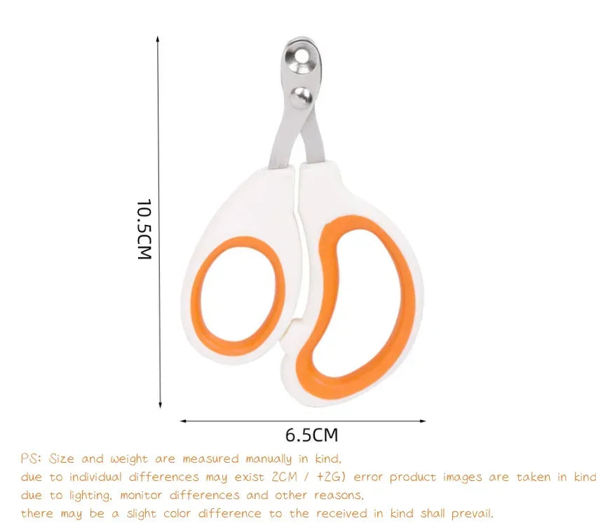 Professional stainless steel cat and dog nail clippers with white and orange non-slip handles for safe pet grooming.