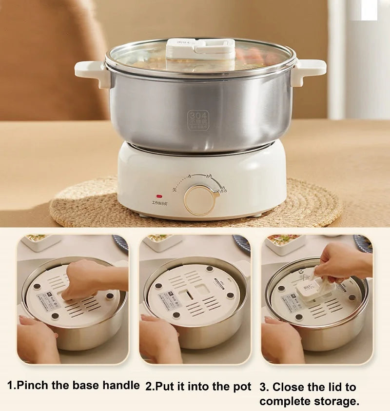 Electric cooking pot with transparent lid, stainless inner bowl, and white temperature base