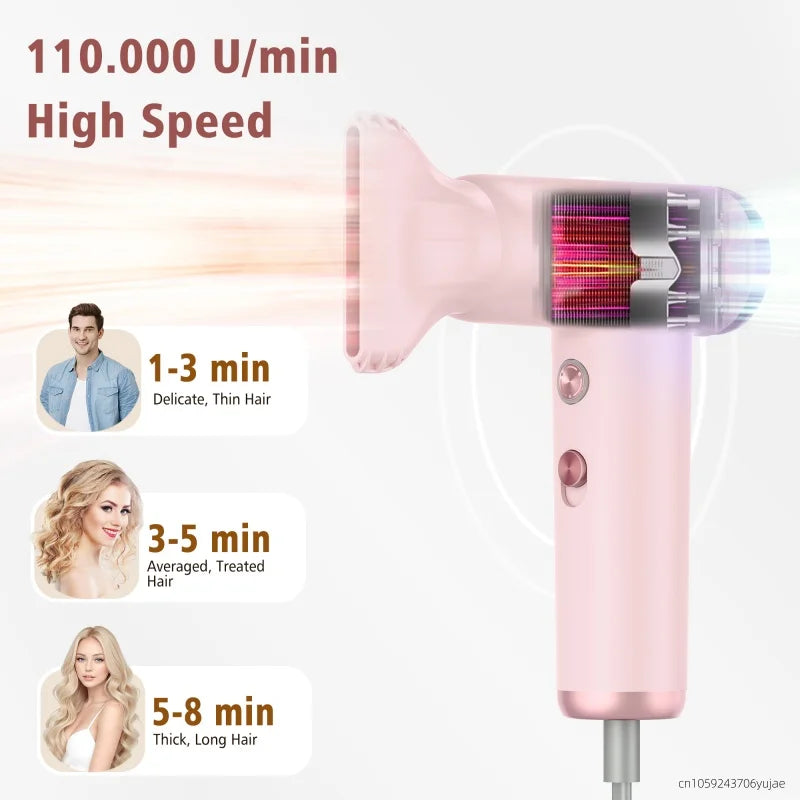 Pink 110k RPM high-speed portable hair dryer with diffuser attachment for fast, professional drying for all hair types.