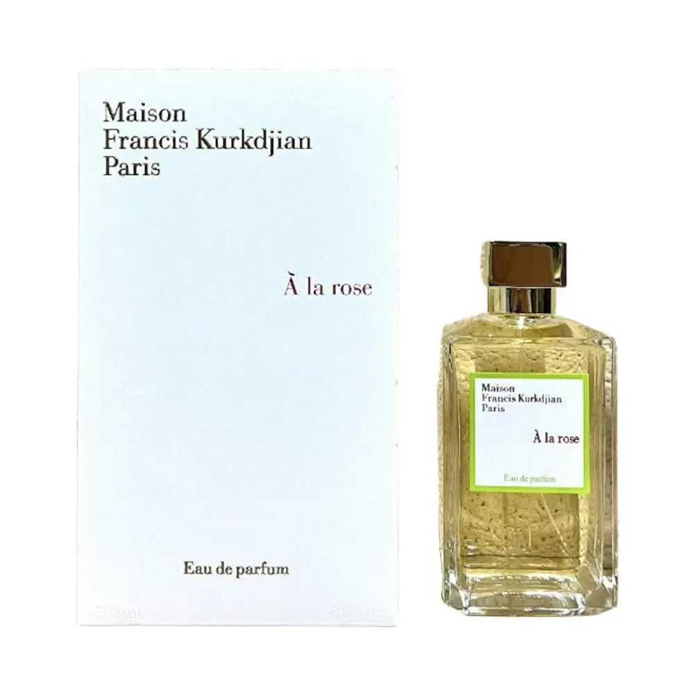 Maison Francis Kurkdjian À la rose EDP, floral rose perfume for women in a sleek glass bottle with gold cap.