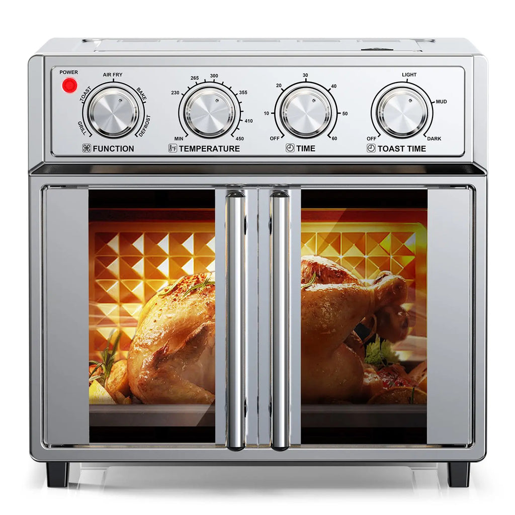 29.5 QT French Door Air Fryer Convection Toaster Oven, Extra Large 6 Slices, 1700W, Multifunction Oven for Air Fryer, Toast, Grill, Defrost, Bake, Time and Temperature Controls, Silver