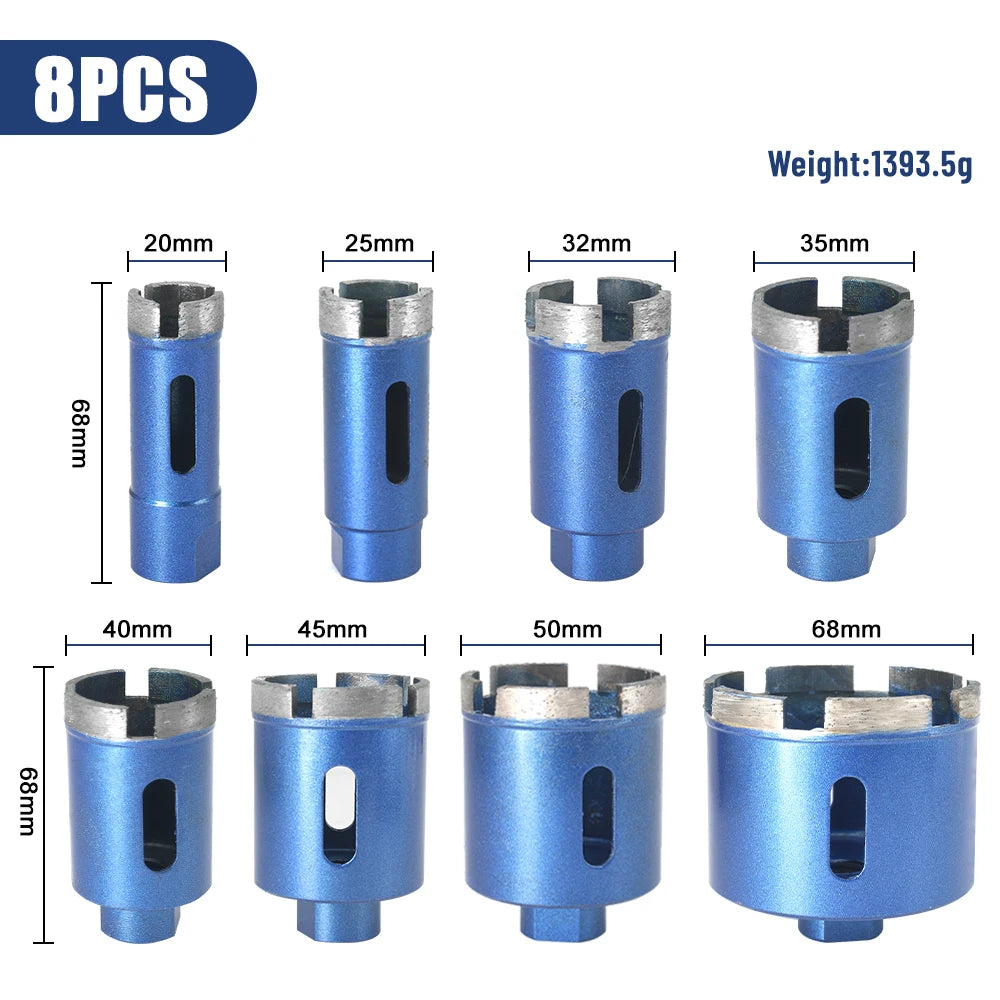 8-piece blue diamond hole saw bit set with four sizes shown