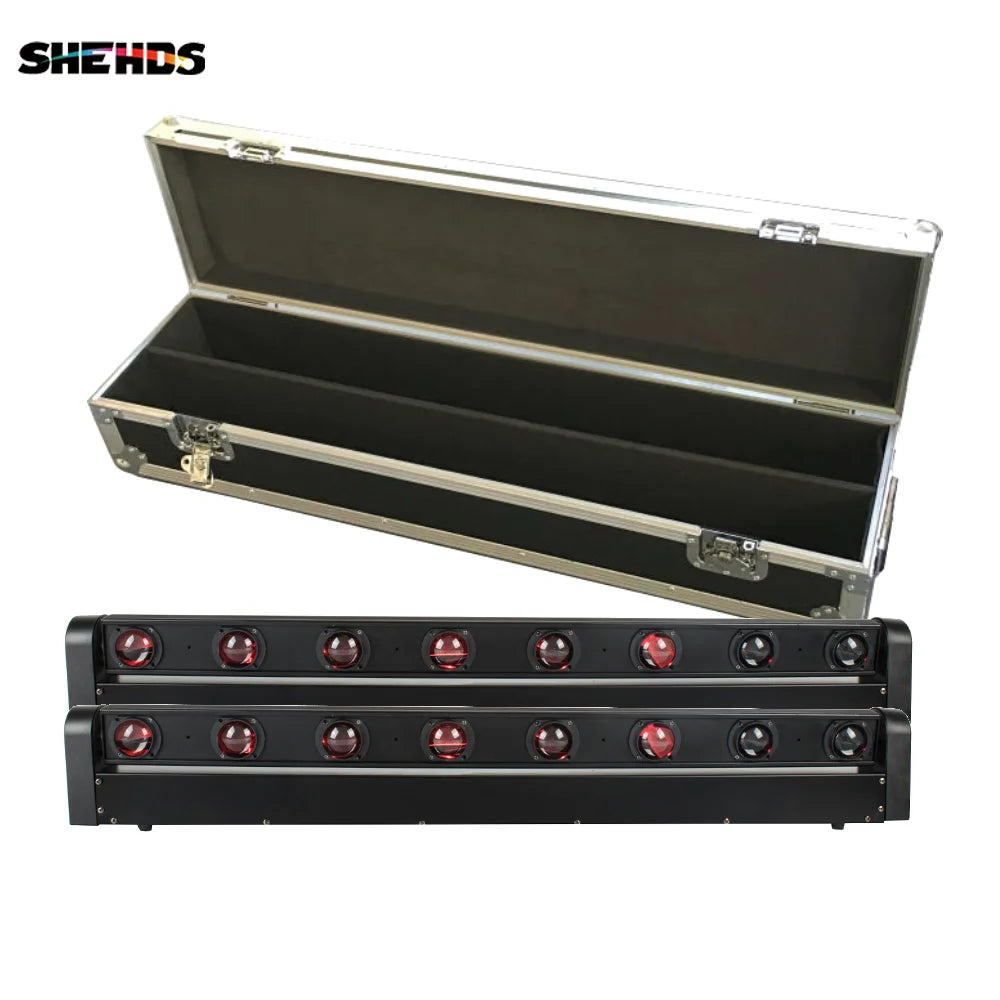 LED bar moving head light with black and silver flight case, lid open