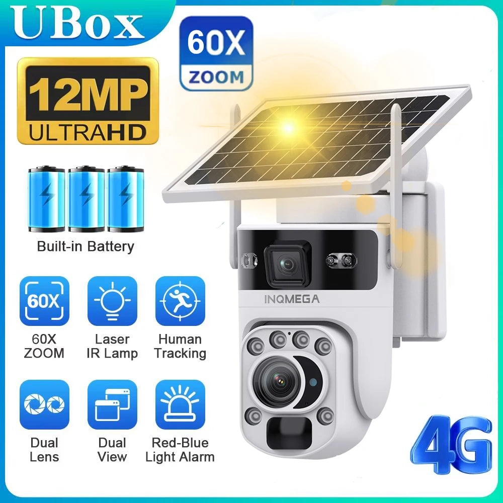 White solar PTZ security camera with dual lens, 60X zoom, 12MP UltraHD, 4G, built-in battery