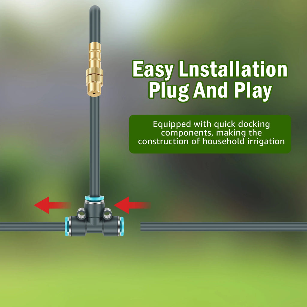 Drip irrigation connector with vertical tubing and threaded gold fitting for assembly.
